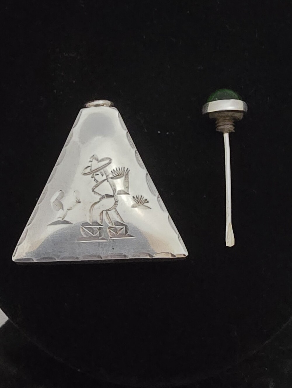 Vtg Mexican Sterling Silver and Green Glass Triangle Perfume Bottle 1.45 Inch